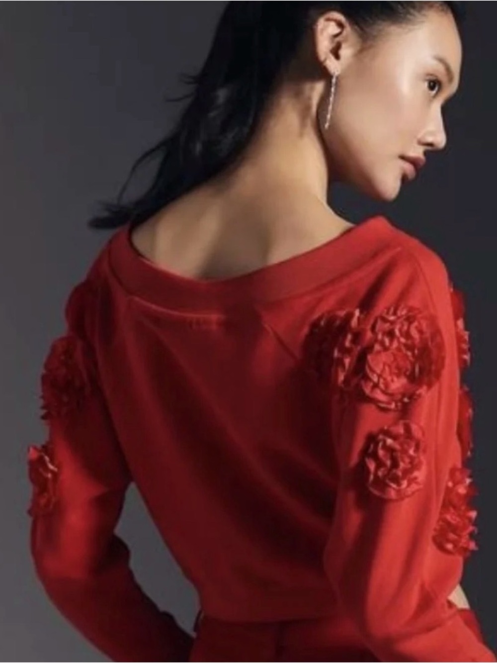Maeve Anthropologie Cropped 3-D Floral Sweatshirt Red Small - Picture 2 of 6